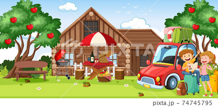 Outdoor scene with a couple and travelling car 74745795