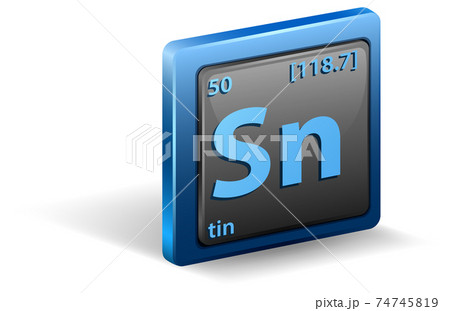 Tin chemical element. Chemical symbol with atomic number and atomic mass. 74745819