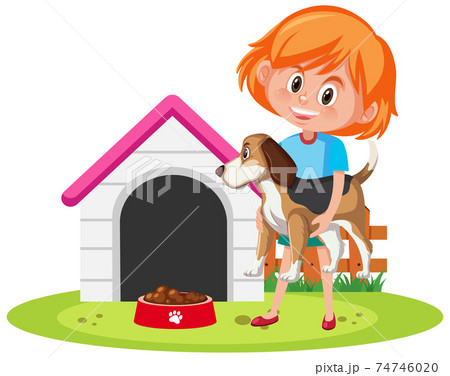 Cute girl holding dog with dog house 74746020