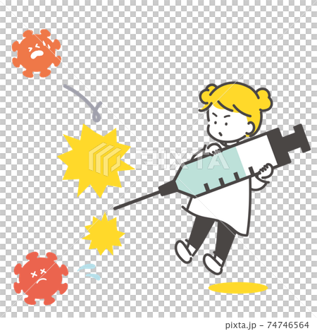 拿著注射器和殺死病毒的女孩的圖像例證 拿著注射器和殺死病毒的女孩的圖像例證 74746564