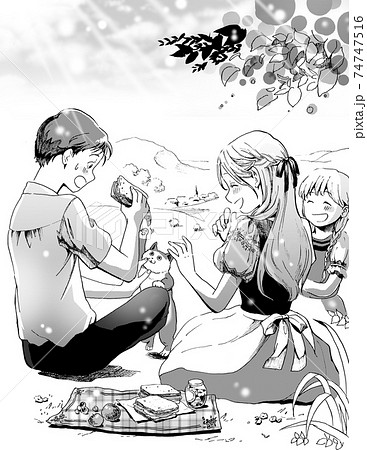 ピクニックしているモノクロイラスト ピクニックしているモノクロイラスト 74747516