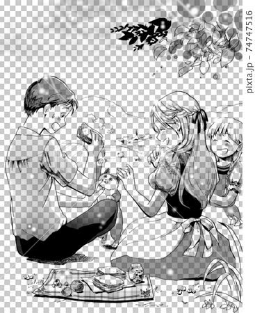 ピクニックしているモノクロイラスト ピクニックしているモノクロイラスト 74747516