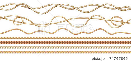 Realistic ropes. 3D natural twisted threads. Seamless jute cords borders with intertwined texture. Straight and curved marine hemp cables. Vector braided twine set in nautical style Realistic ropes. 3D natural twisted threads. Seamless jute cords borders with intertwined texture. Straight and curved marine hemp cables. Vector braided twine set in nautical style 74747846