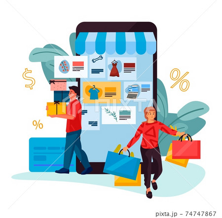 People shopping. Cartoon man and woman buy clothes and electronics in online store. Mobile application with possibility of cashless payment and discounts. Vector internet shop concept 74747867