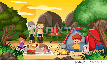 Picnic scene with happy family in the forest Picnic scene with happy family in the forest 74748049