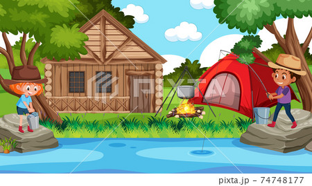 Picnic scene with happy family in the forest 74748177