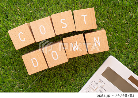 コストダウン | 「COST DOWN」と書かれた積み木ブロックと硬貨 コストダウン | 「COST DOWN」と書かれた積み木ブロックと硬貨 74748783