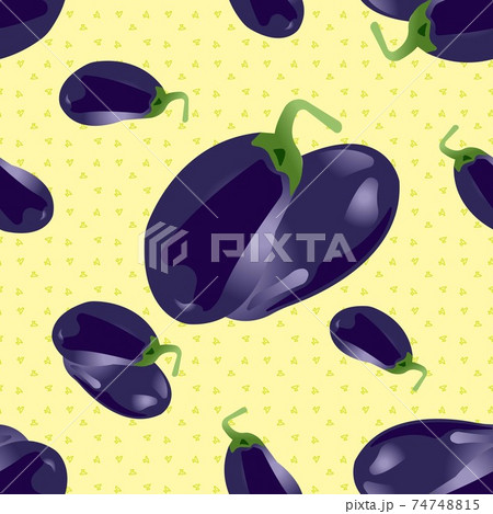 Seamless background from purple eggplants. Vector illustration isolated on yellow background. 74748815