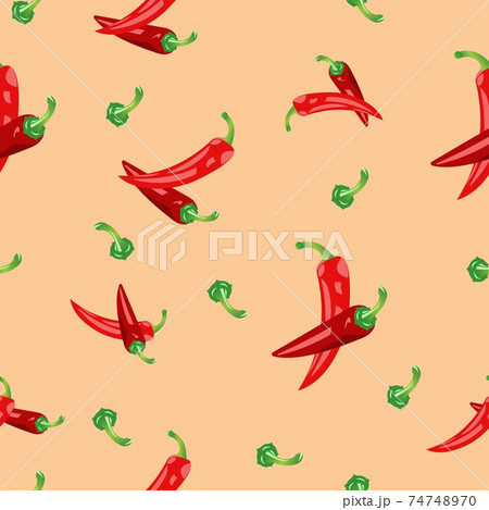 Seamless pattern of pods of red chili peppers. Vector illustration isolated on a pink background. 74748970
