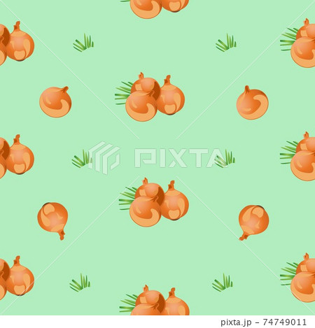 Seamless pattern of onion heads with green leaves. Vector illustration isolated on a blue background. Seamless pattern of onion heads with green leaves. Vector illustration isolated on a blue background. 74749011