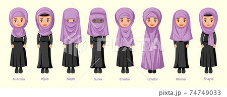 Types of Islamic traditional veils of female in cartoon character Types of Islamic traditional veils of female in cartoon character 74749033