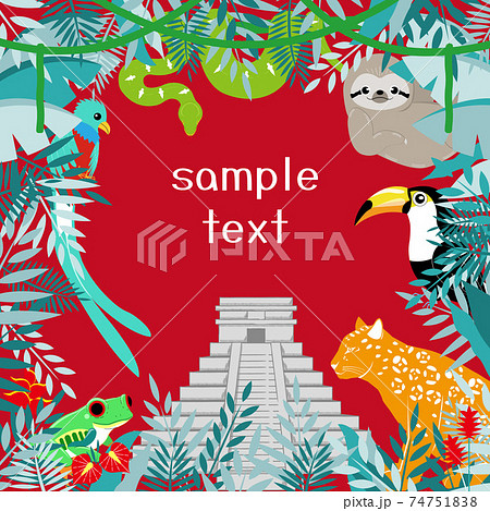 熱帯雨林の動物と遺跡の赤い背景のフレーム 74751838