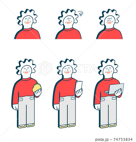 シニア女性の表情 スマホ お財布 パソコンのイラスト素材