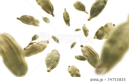 Cardamom pods levitate on a white background 74753835