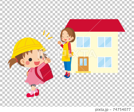 いってきますと挨拶をして学校へ登校する小学生の女の子といってらっしゃいと自宅から見送るお母さんのイラスト素材