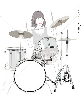 ドラムを叩く若い女性イラストのイラスト素材