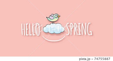 Hello spring label with spring birds and flowers on a soft pastel pink background. Hello spring simple cut paper style illustration design template 74755887