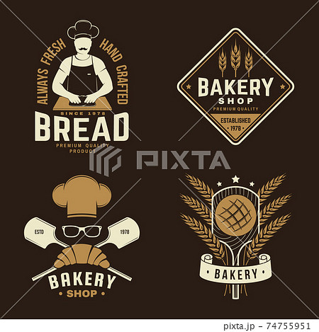 Set of bakery badge. Vector Concept for badge, shirt, label, print, stamp or tee. Typography design with man making dough silhouette. Template for restaurant identity objects, packaging and menu 74755951