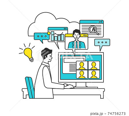 オンライン業務に取り組む男性のイラスト オンライン業務に取り組む男性のイラスト 74756273