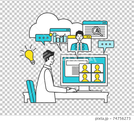 オンライン業務に取り組む男性のイラスト オンライン業務に取り組む男性のイラスト 74756273