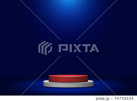 3d realistic white and red round shape pedestal with spotlight on blue studio room background 74759334