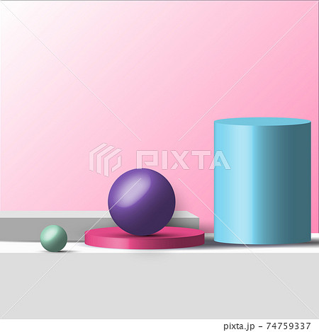 3D realistic geometric shapes pastel color product shelf standing backdrop with circle blank pedestal podium display on pink background 74759337