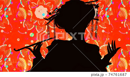 メラメラ燃える炎と吉原遊廓花魁たちのシルエット切り絵風イラストと和風屏風背景のイラスト素材