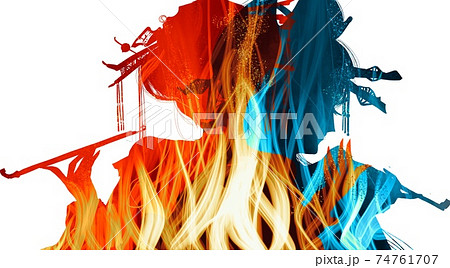 メラメラ燃える炎と吉原遊廓花魁たちのシルエットのイラスト素材