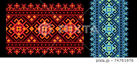 Embroidered good like old handmade cross-stitch ethnic Ukraine pattern. Ukrainian towel with ornament, rushnyk called, in vector. Red and Blue version over black background. 74761976