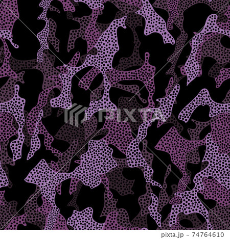 Abstract spotted vector seamless pattern. Different brightness purple colored dotted spots on black background 74764610