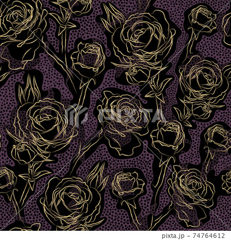 Dark colored floral vector seamless pattern. Golden contours rose flowers on spotted purple and black background 74764612