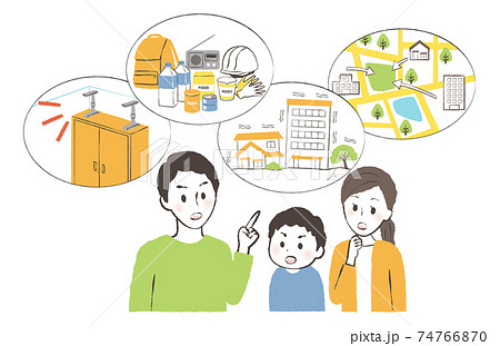 地震が起こった時のために話し合いをする家族 74766870