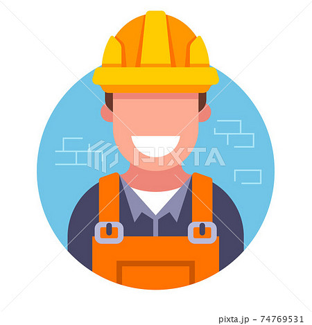 icon of a cute builder in a hard hat on a brick wall background. icon of a cute builder in a hard hat on a brick wall background. 74769531