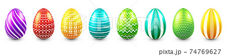 Colorful Easter eggs isolated on white background. Seasonal spring decoration element. Egg hunt game Colorful Easter eggs isolated on white background. Seasonal spring decoration element. Egg hunt game 74769627