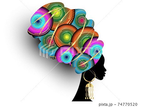 portrait beautiful African woman in traditional turban handmade tribal motif, Kente head wrap African with gold ethnic earrings, black Afro women, vector silhouette isolated on white background 74770520