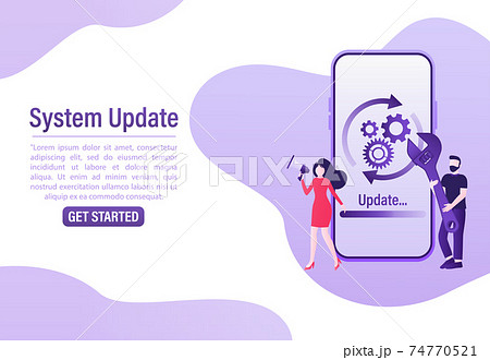 Cartoon software update people for mobile app design. Isometric vector illustration. Mobile application design. Technology network vector illustration. 74770521