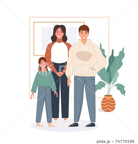 Happy family concept. Father, mother and child stay home and spend time together. Vector illustration in flat style Happy family concept. Father, mother and child stay home and spend time together. Vector illustration in flat style 74770586