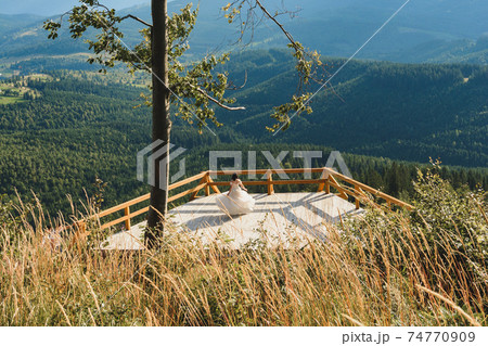 A couple of brides in the picturesque Carpathians, a mountain range of the Ukrainian Carpathians. 74770909