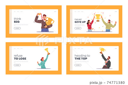 Business Team Project Success Landing Page Template Set. Characters Holding Golden Cups Celebrate Victory, Winners Prize Business Team Project Success Landing Page Template Set. Characters Holding Golden Cups Celebrate Victory, Winners Prize 74771380