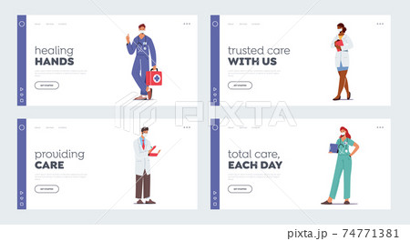 Hospital Healthcare Staff Occupation Landing Page Template Set. Doctor Characters in Medical Robe with Stethoscope, Medics 74771381