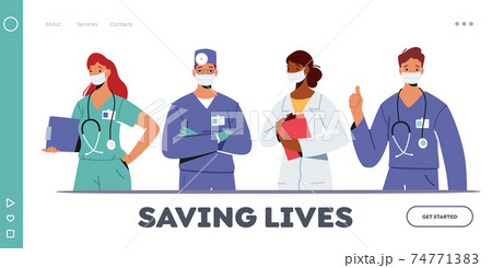 Doctor Characters in Medical Robe in Row Landing Page Template. Hospital Healthcare Staff with Stethoscope, Medics Doctor Characters in Medical Robe in Row Landing Page Template. Hospital Healthcare Staff with Stethoscope, Medics 74771383