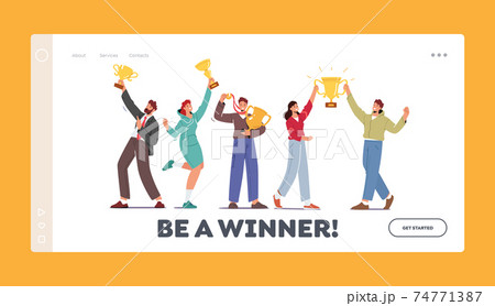 Business Team Project Success Landing Page Template. Group of Characters Holding Golden Cups Celebrate Victory Business Team Project Success Landing Page Template. Group of Characters Holding Golden Cups Celebrate Victory 74771387