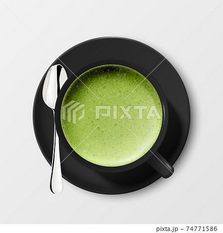 Vector 3d Realistic Ceramic Black Porcelain Ceramic Coffee Mug, Cup, Saucer and Teaspoon Isolated on White Background. Green Milk Foam Matcha. Design Template. Top View Vector 3d Realistic Ceramic Black Porcelain Ceramic Coffee Mug, Cup, Saucer and Teaspoon Isolated on White Background. Green Milk Foam Matcha. Design Template. Top View 74771586