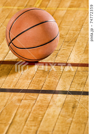 Close up shot of Basketball on court floor 74772359