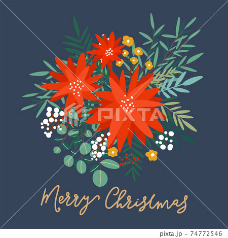 Winter flowers. Hand drawn poinsettia flowers and floral branches and berries, mistletoe, eucalyptus. Christmas florals 74772546