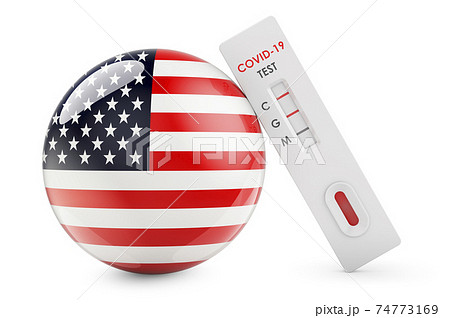 Diagnostic test for coronavirus in the United States. Antibody test COVID-19 with the USA flag, 3D rendering Diagnostic test for coronavirus in the United States. Antibody test COVID-19 with the USA flag, 3D rendering 74773169