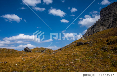Mountain landscape. Mountain peaks in the republic of Altai. Mountain landscape. Mountain peaks in the republic of Altai. 74773917