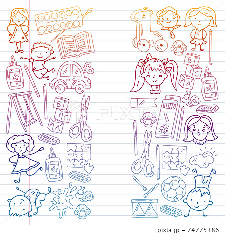 Kindergarten. Vector pattern with toys and small children. Preschool education. Kindergarten. Vector pattern with toys and small children. Preschool education. 74775386