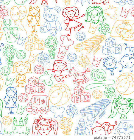 School, kindergarten. Happy children. Creativity, imagination doodle icons with kids. Play, study, grow Happy students Science and research Adventure Explore 74775571