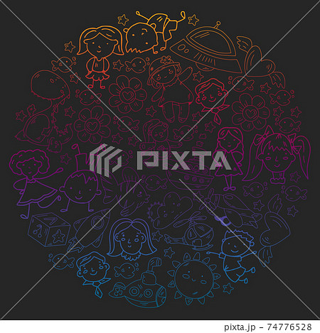 Kindergarten children. Doodle set of objects for kids. Toys and boys and girls. Vector outline icons 74776528